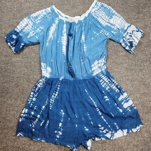 Aruba Blue Off-Shoulder Romper Women's Blue Tie Dye Tassel Smocked Waist Rayon M